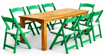 שולחן חשוף טבעי 4 רגליים +כיסא מתקפל ירוק