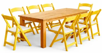 שולחן חשוף טבעי 4 רגליים+כיסא מתקפל צהוב