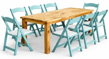 שולחן חשוף טבעי 4 רגליים+כיסא מתקפל תכלת