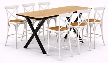 שולחן בר יוגב חשוף+כסאות בר איקס לבן