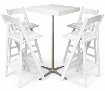 שולחן בר לבן רגל ניקל+כסאות בר מתקפלים לבנים
