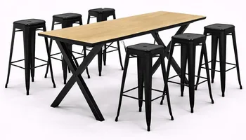 שולחן בר יוגב חשוף+כסאות סטול שחורים