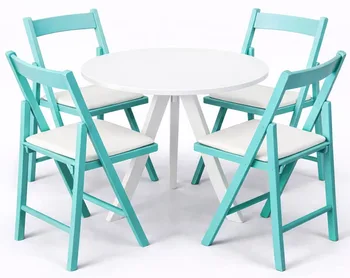 שולחן פריז לבן קוטר 70 ס"מ + 4 כסאות מתקפל תכלת