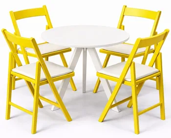 שולחן פריז לבן קוטר 70 ס"מ + 4 כסאות מתקפל צהוב