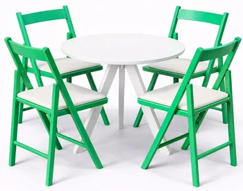 שולחן פריז לבן קוטר 70 ס"מ + 4 כסאות מתקפל ירוק
