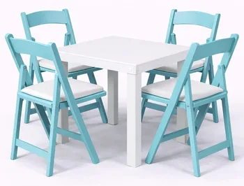 שולחן לבן 65/65 +4 כסאות תכלת